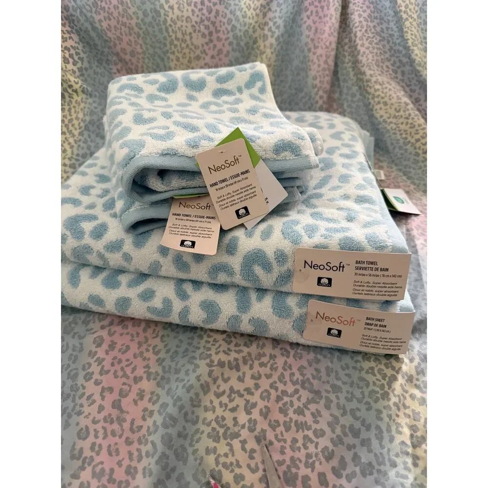 NeoSoft Blue Leopard Print Cotton Bath Sheet, Bath, 2 x Hand Towels reversable